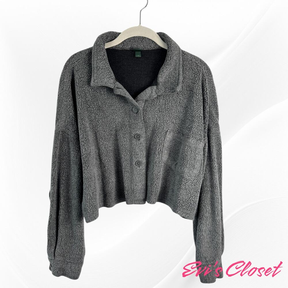 Wild Fable Women's Charcoal Grey Cropped Fleece Jacket Sz M Long Sleeves